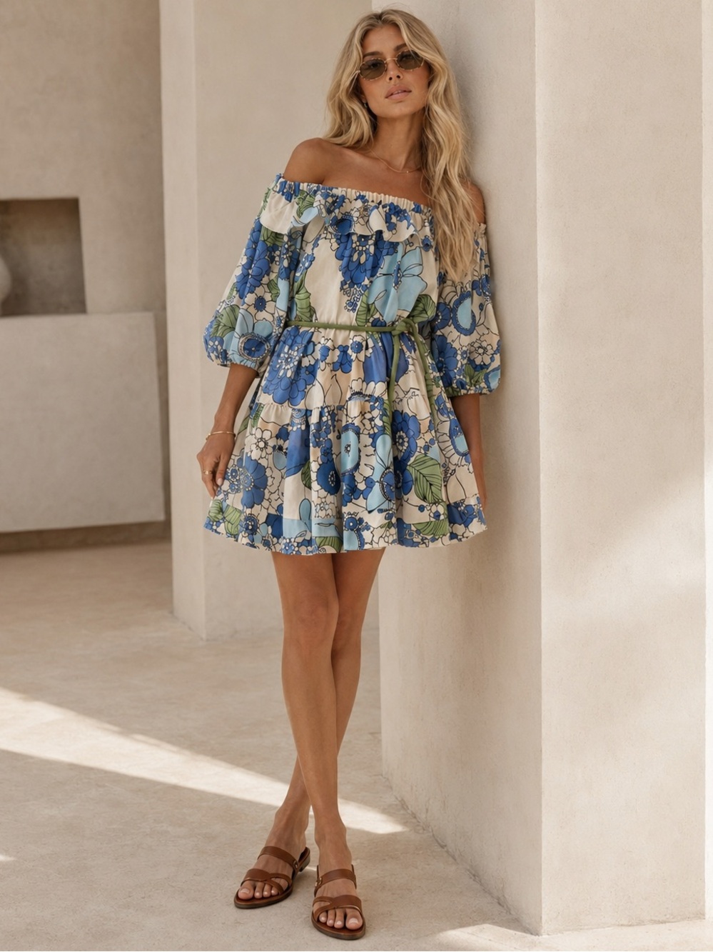 Alemais Farrah Ruffle Mini Dress Blue Floral Linen Size 6